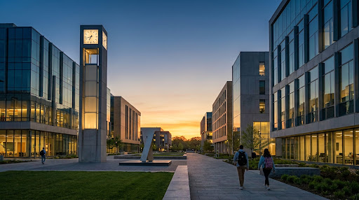 A bright, modern architectural interior of a science and mathematics school building with glass windows