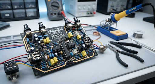 A close-up of a custom electronic circuit board, a guitar effects pedal prototype