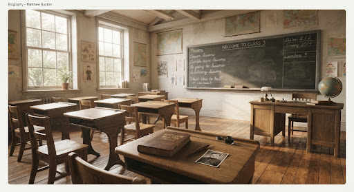 A nostalgic photograph of an old primary school classroom with wooden desks and sunlight streaming through large windows