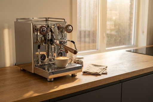 A high-end espresso machine and latte art on a wooden counter