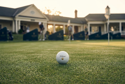 A professional photograph of a golf ball on a lush green at golden hour