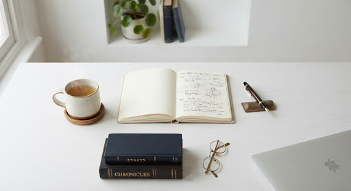 A curated study space with an open notebook, a fountain pen and a steaming cup of tea